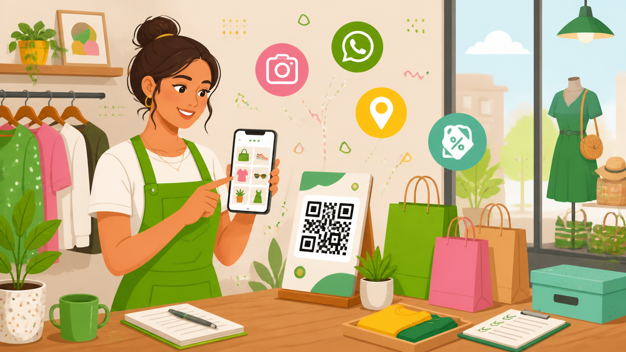 Dona de pequena loja planejando ações de marketing com celular, vitrine e QR Code em uma ilustração moderna.