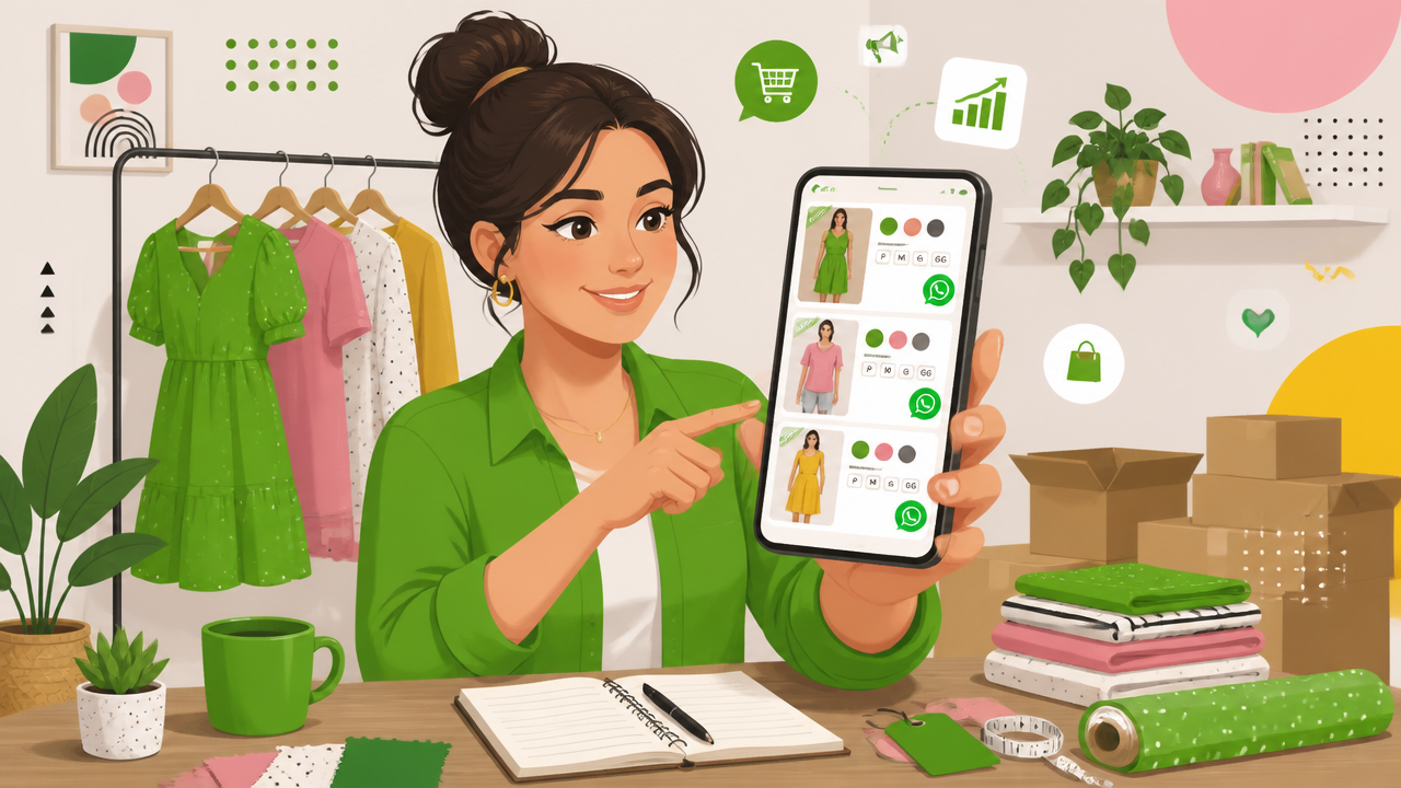 Empreendedora criando catálogo digital de roupas sem estoque pelo celular