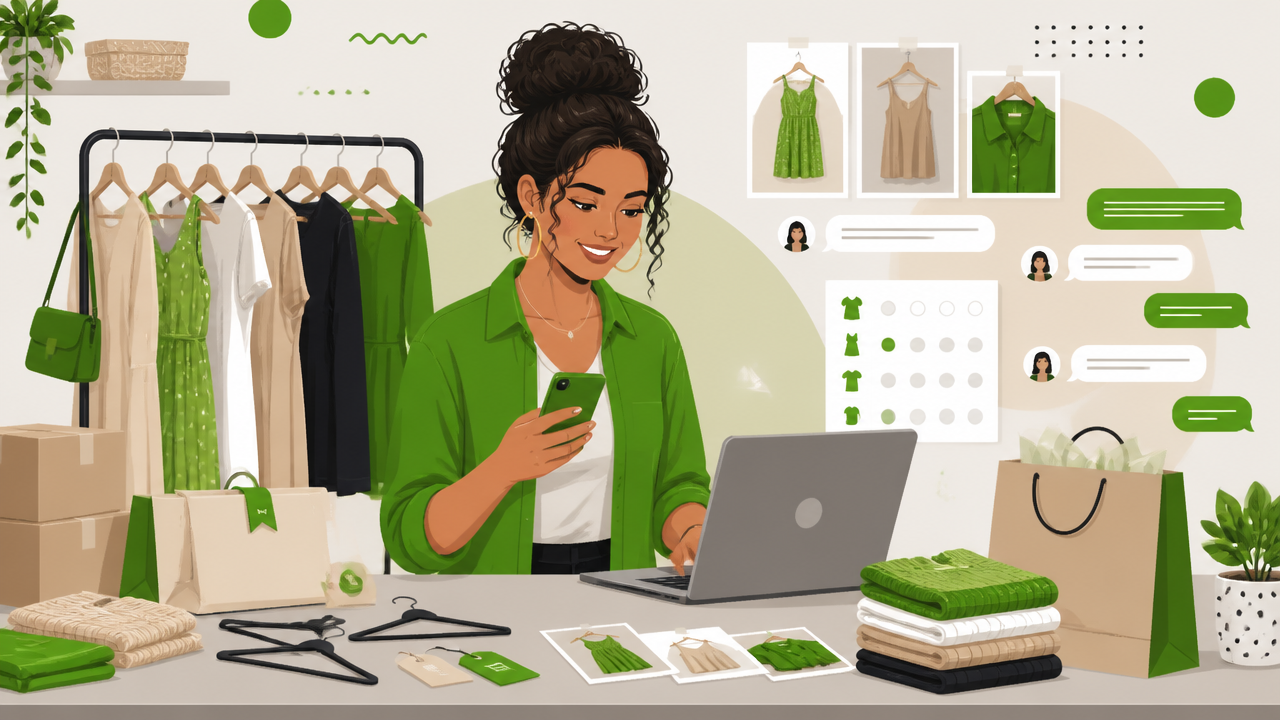 Ilustração de empreendedora criando uma loja de roupas online com celular, notebook e peças em arara.