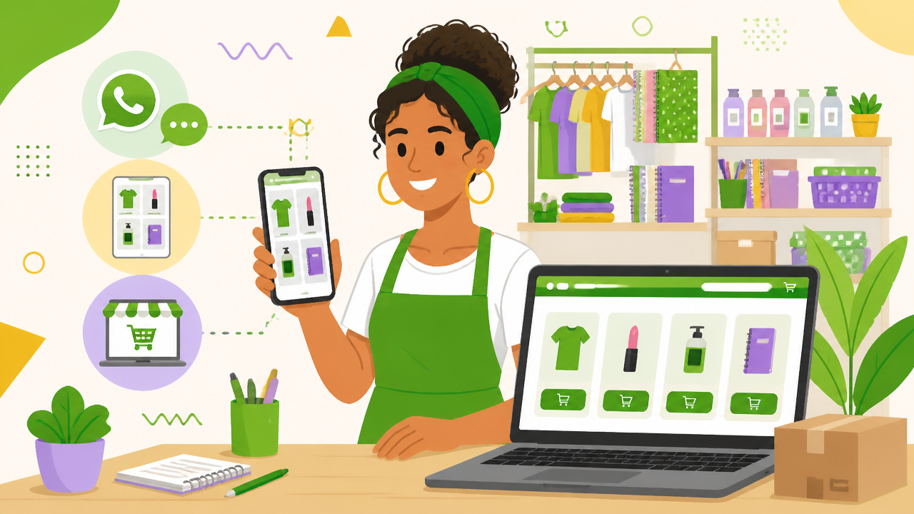 Lojista criando sua vitrine digital no celular e no computador para vender online