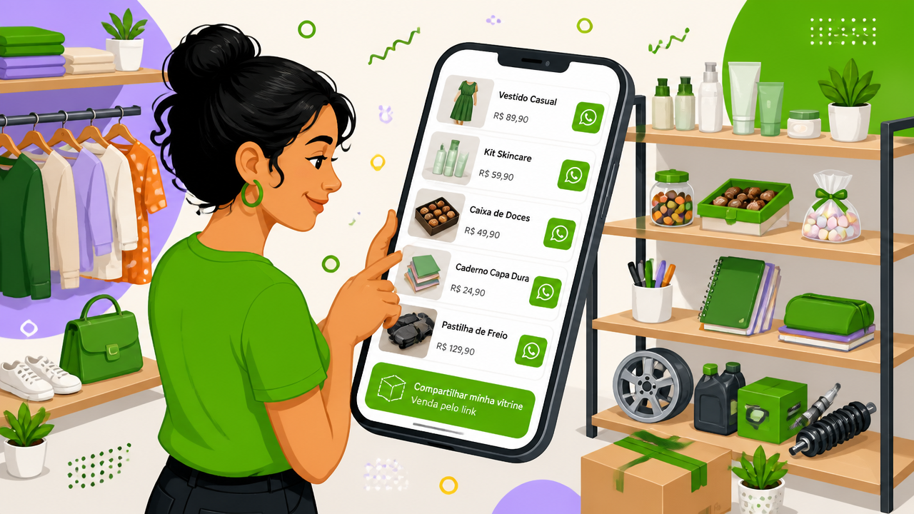 Lojista organizando uma vitrine virtual no celular para vender produtos pelo WhatsApp