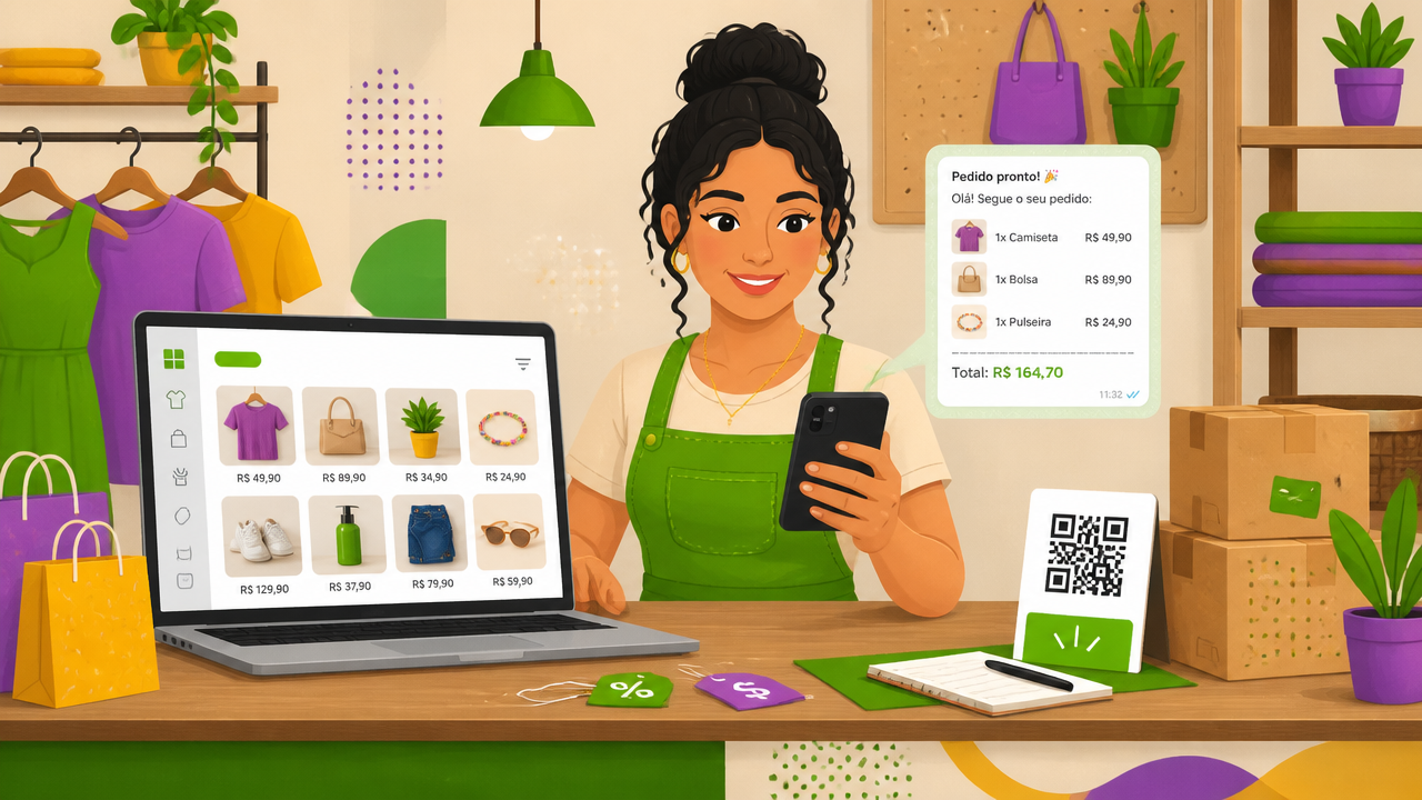 Lojista montando uma loja virtual com catálogo de produtos e pedidos chegando pelo WhatsApp