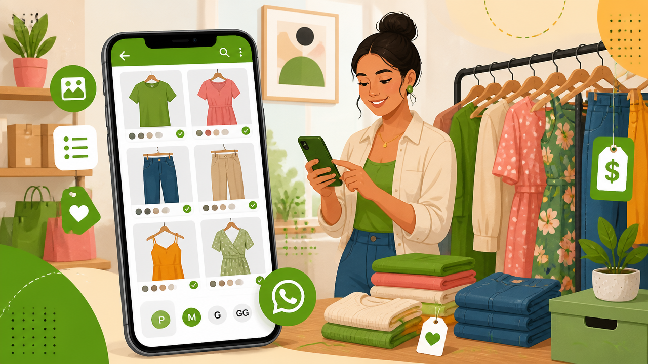 Lojista organizando um catálogo de roupas no celular com peças expostas ao fundo
