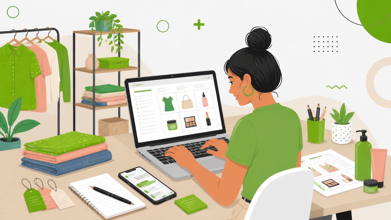Lojista montando um catálogo de produtos no computador para enviar em PDF pelo WhatsApp